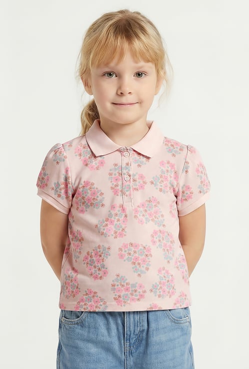 Juniors Floral Print Polo T-shirt
