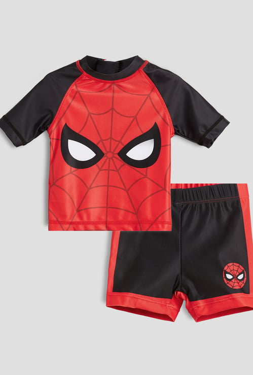 Juniors Spiderman Print Rash Guard Shorts Set