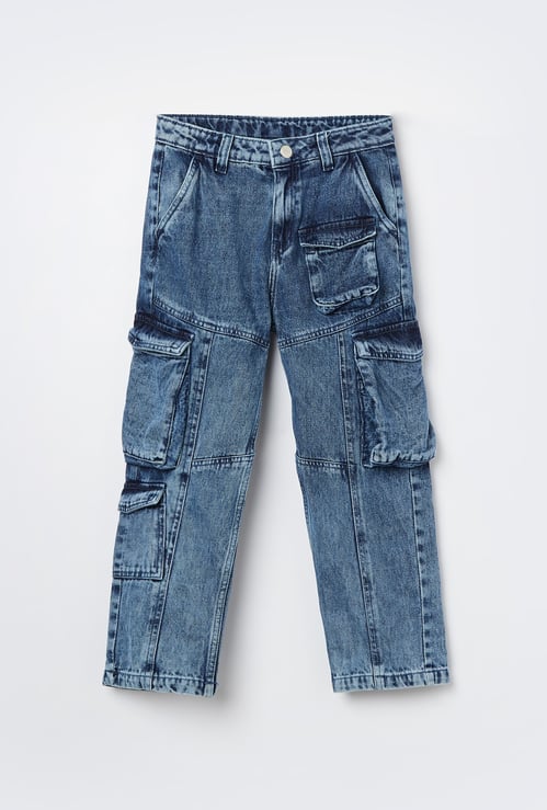 FAME FOREVER Boys Acidwashed Slim Straight Cargo Jeans