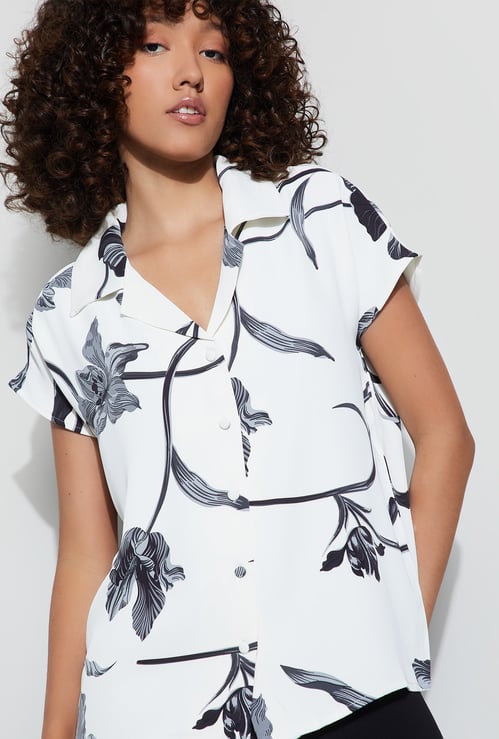 CODE Floral Print Cuban Collar Shirt