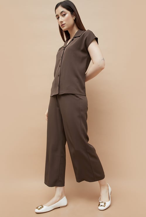 CODE Solid High Rise Wide Leg Trousers