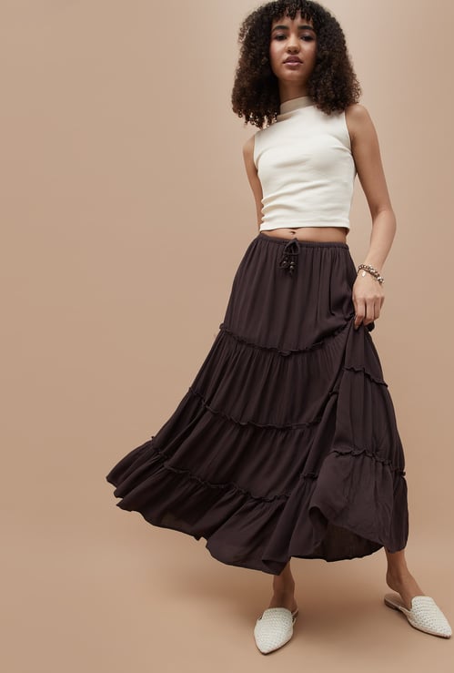 GINGER Frill Trim Tiered Maxi Skirt