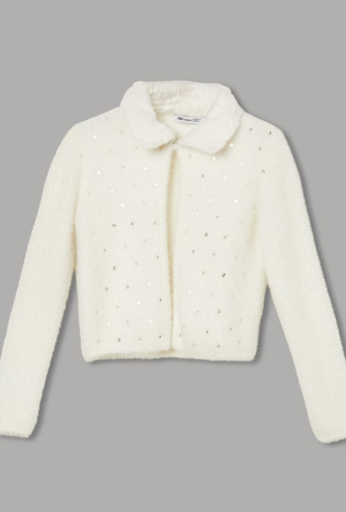 FAME FOREVER Girls Embellished Fuzzy Cardigan