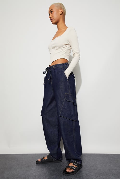 GINGER Washed Wide Leg Denim Cargos