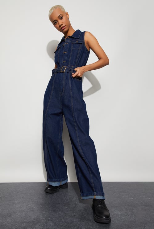 GINGER Washed Denim Belted Jumpsuit