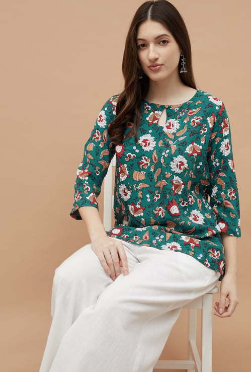 MELANGE Floral Print Key-hole Neck Straight Kurti