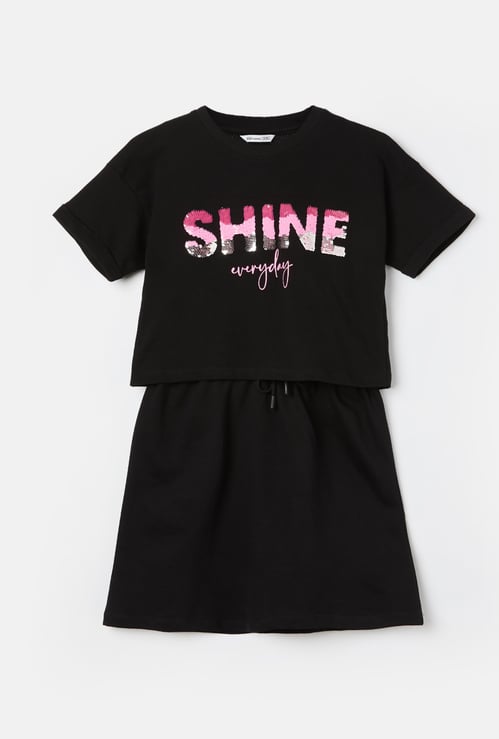 FAME FOREVER Girls Fit & Flare Dress with Sequinned T-shirt