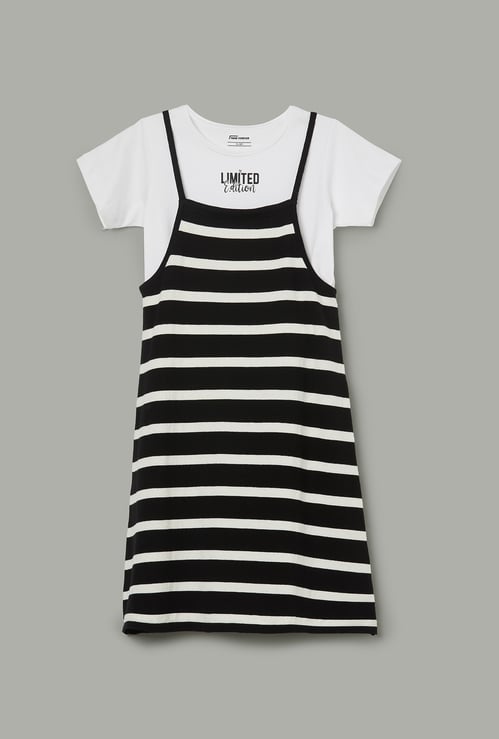 FAME FOREVER Girls Striped Pinafore Dress with T-shirt