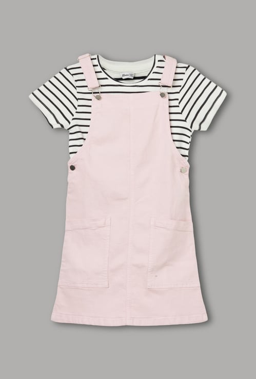 FAME FOREVER Girls Solid Dungaree Dress with T-shirt