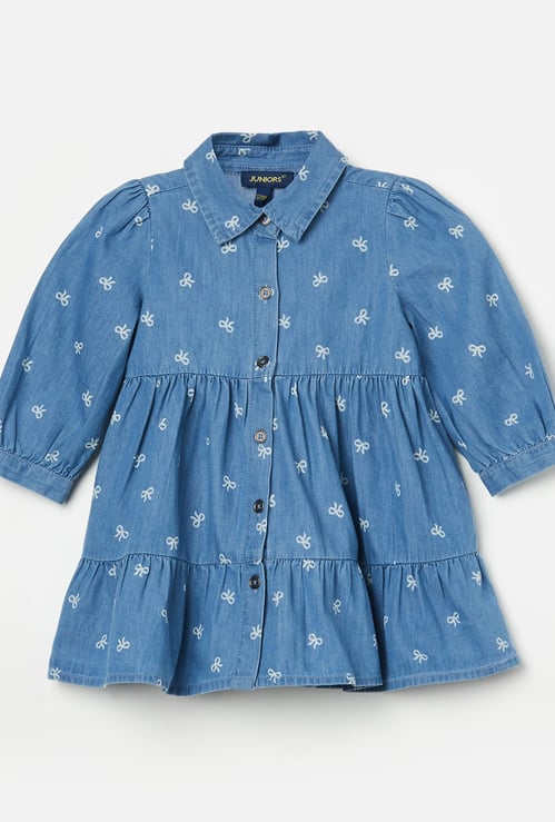 FAME FOREVER Girls Bow Print Denim Shirt Dress