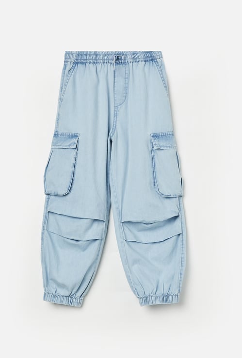 FAME FOREVER Girls Washed Denim Cargo Joggers