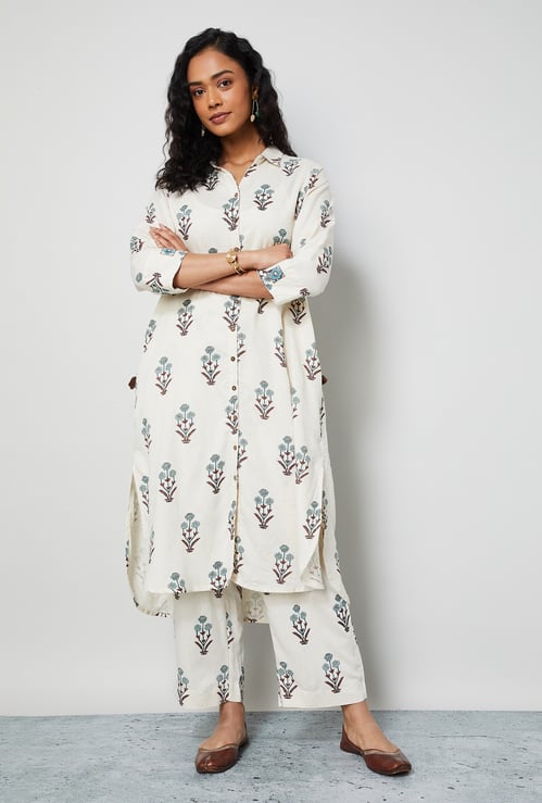 MELANGE Floral Motif High Low Hem Kurta Set