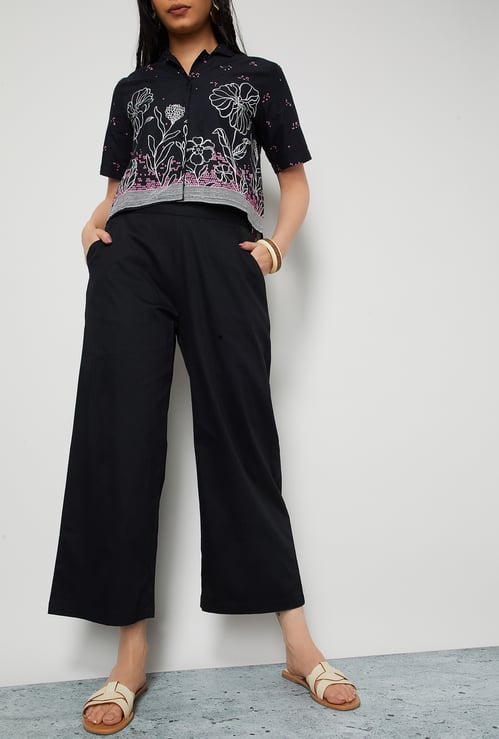 COLOUR ME Solid Paperbag Waist Wide Leg Trousers