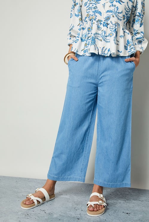 COLOUR ME Solid Paperbag Waist Denim Trousers