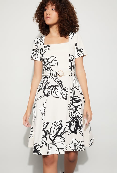 CODE Floral Print Fit & Flare Dress with Belt