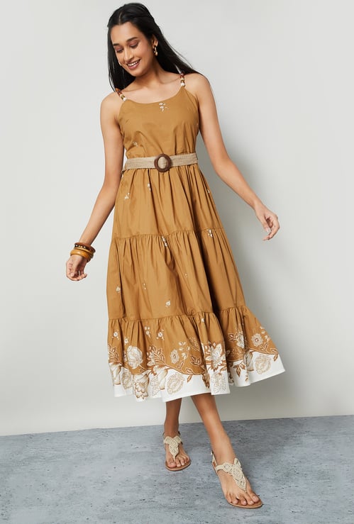 COLOUR ME Floral Print Tiered Dress with Belt