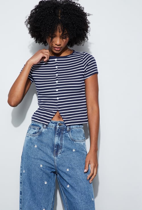 GINGER Striped Knit Top with Notched Hem