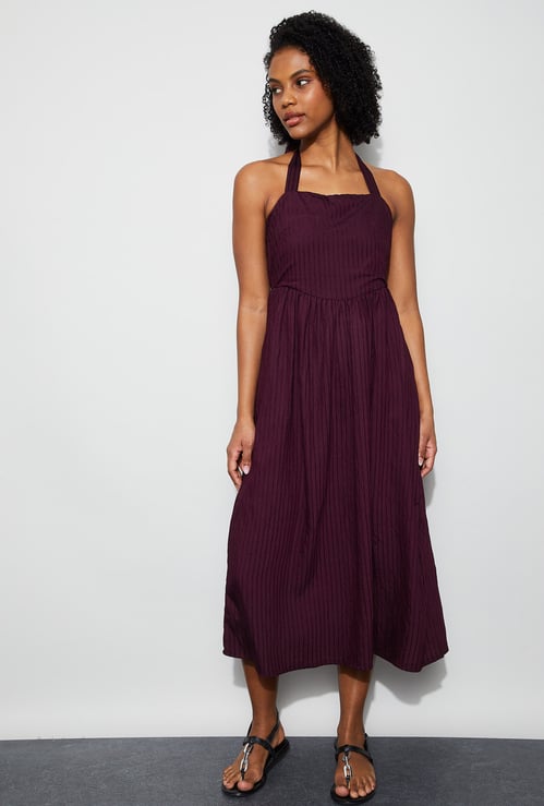GINGER Halter Neck Striped Midi Dress
