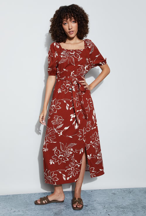FAME FOREVER Floral Print Fit & Flare Dress with Belt