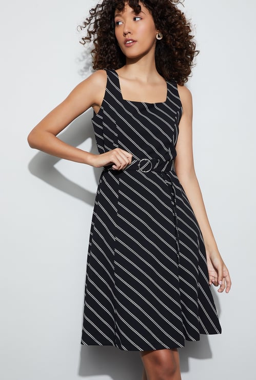 CODE Striped Belted A-line Dress