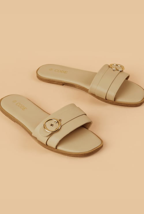CODE Buckle Detailed Open Toe Flats