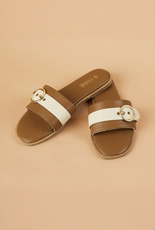 CODE Buckle Detailed Open Toe Flats