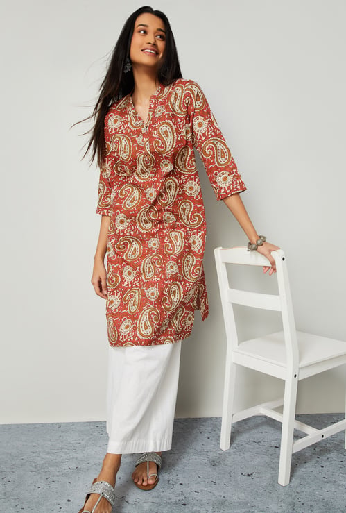 MELANGE Paisley Print Band Collar Straight Kurta