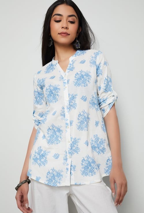 MELANGE Floral Print Band Collar A-line Kurti