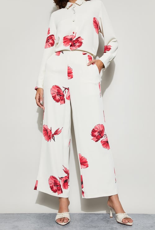CODE Floral Print Wide Leg Trousers