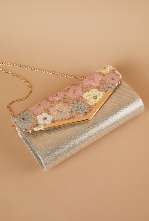 CODE Sequinned Envelope Clutch with Chain Strap