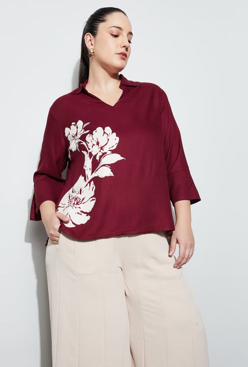 NEXUS Floral Print V-Neck 3/4th Sleeves Top