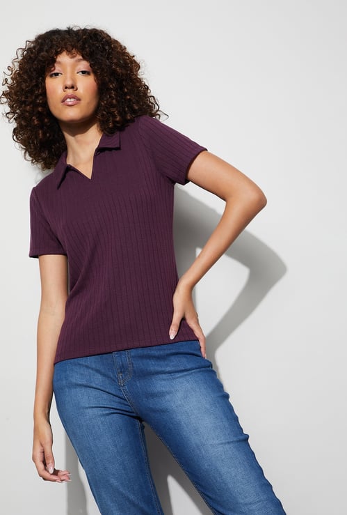 FAME FOREVER Rib Knit Johnny Collar T-shirt