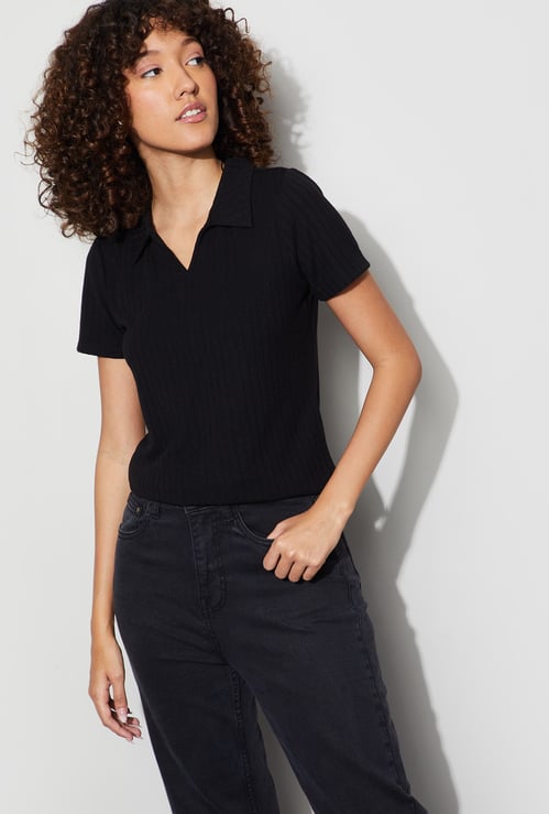 FAME FOREVER Ribbed Johnny Collar T-shirt