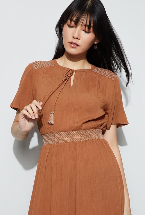 FAME FOREVER Solid Smocked Waist Midi Dress