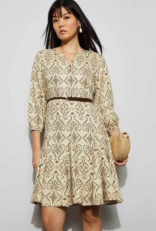 FAME FOREVER Ethnic Printed Fit & Flare Dress with Belt