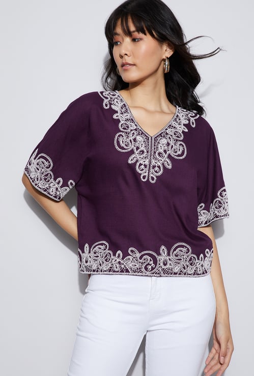 FAME FOREVER Embroidered V-Neck Top