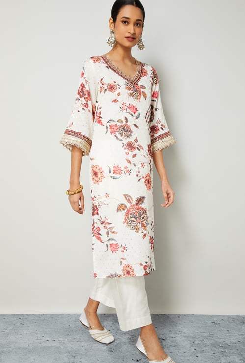 MELANGE Floral Print Straight Kurta Set