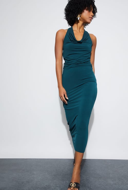 GINGER Solid Halter Neck Bodycon Dress