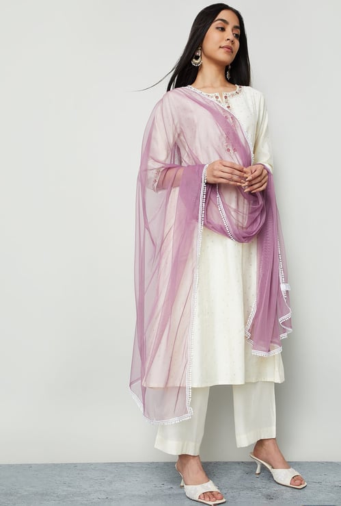 MELANGE Solid Dupatta with Lace Border