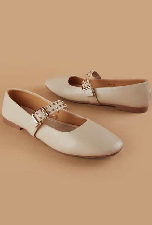 GINGER Studded Strap Square Toe Ballerinas