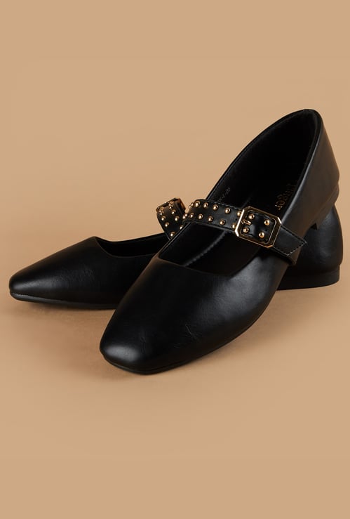 GINGER Studded Strap Square Toe Ballerinas