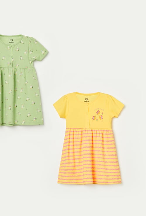 FS MINI KLUB Girls Printed and Striped Dress Set