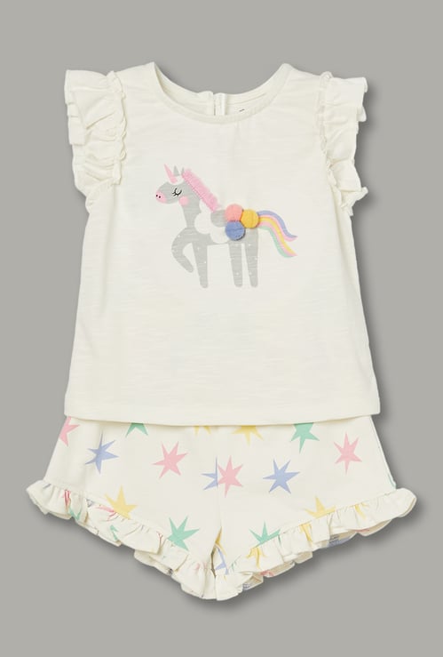 FS MINI KLUB Girls Unicorn Printed Top and Shorts Set