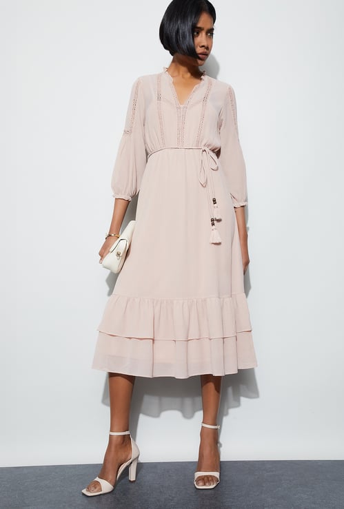 CODE Solid Design V-Neck Midi Dress