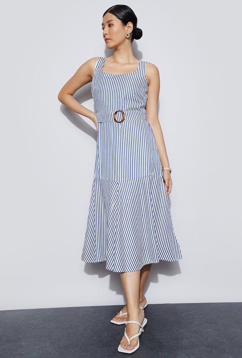 CODE Striped Fit & Flare Dress with Belt