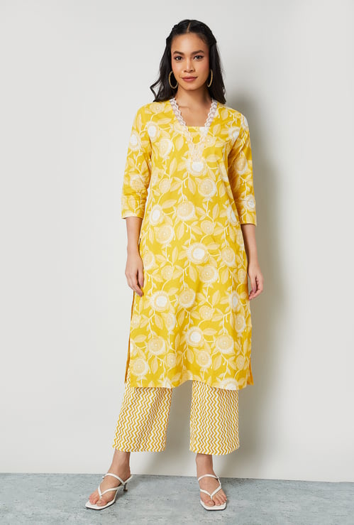 MELANGE Floral Print Straight Kurta Set