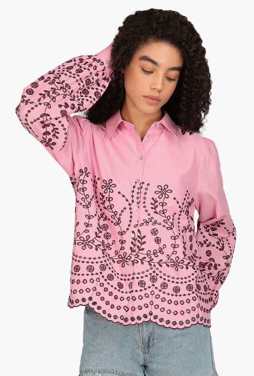 VERO MODA Embroidered Shirt with Scalloped Hem