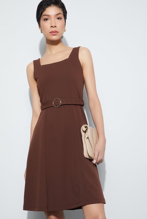CODE Solid Belted A-line Dress
