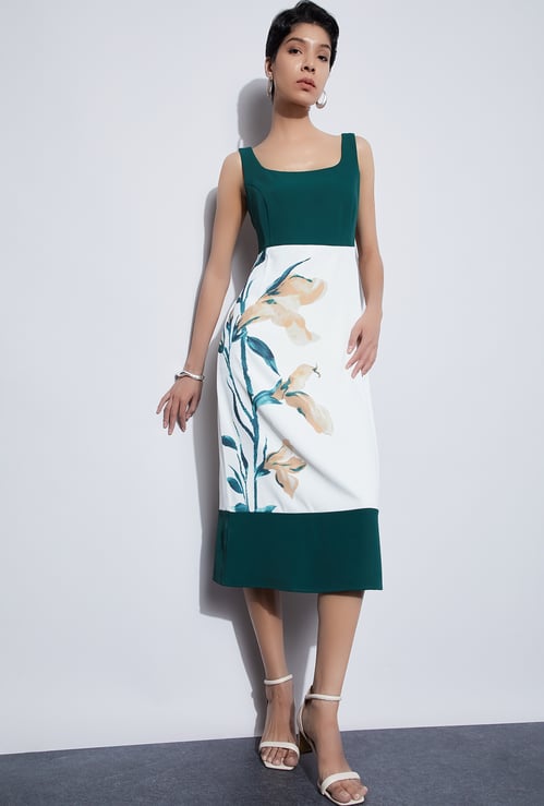 CODE Floral Print Square Neck Midi Dress