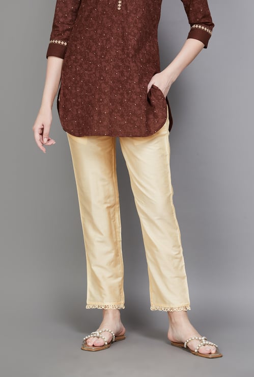 W Solid Straight Pants with Fringe Hem